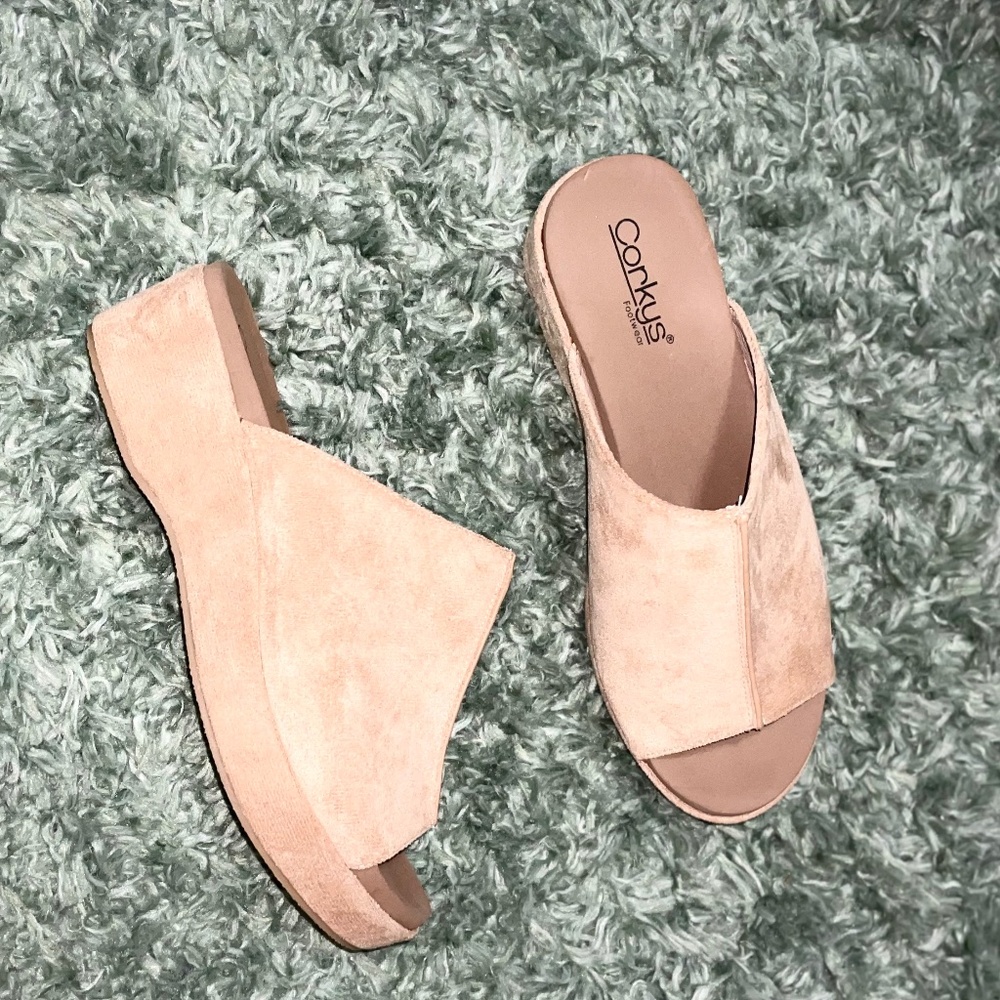 Corkys Blush Pink Suede Wedge Slide Sandals